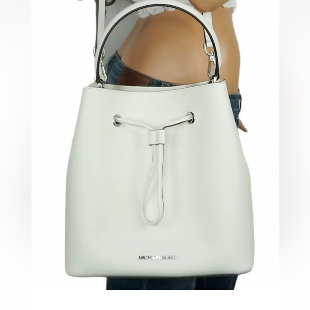 New Michael Kors Suri Large Bucket Messenger Bag Saffiano Leather Optic White